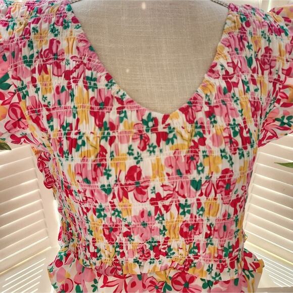 FLORAL NWOT MULTI COLOR PEPLUM RUFFLE CAP SLEEVE SMOCKED DRESS MULTIPLE … - Picture 3 of 7